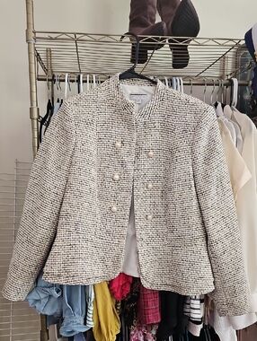 Tahari Cream and Black Tweed Pearl-Button Jacket